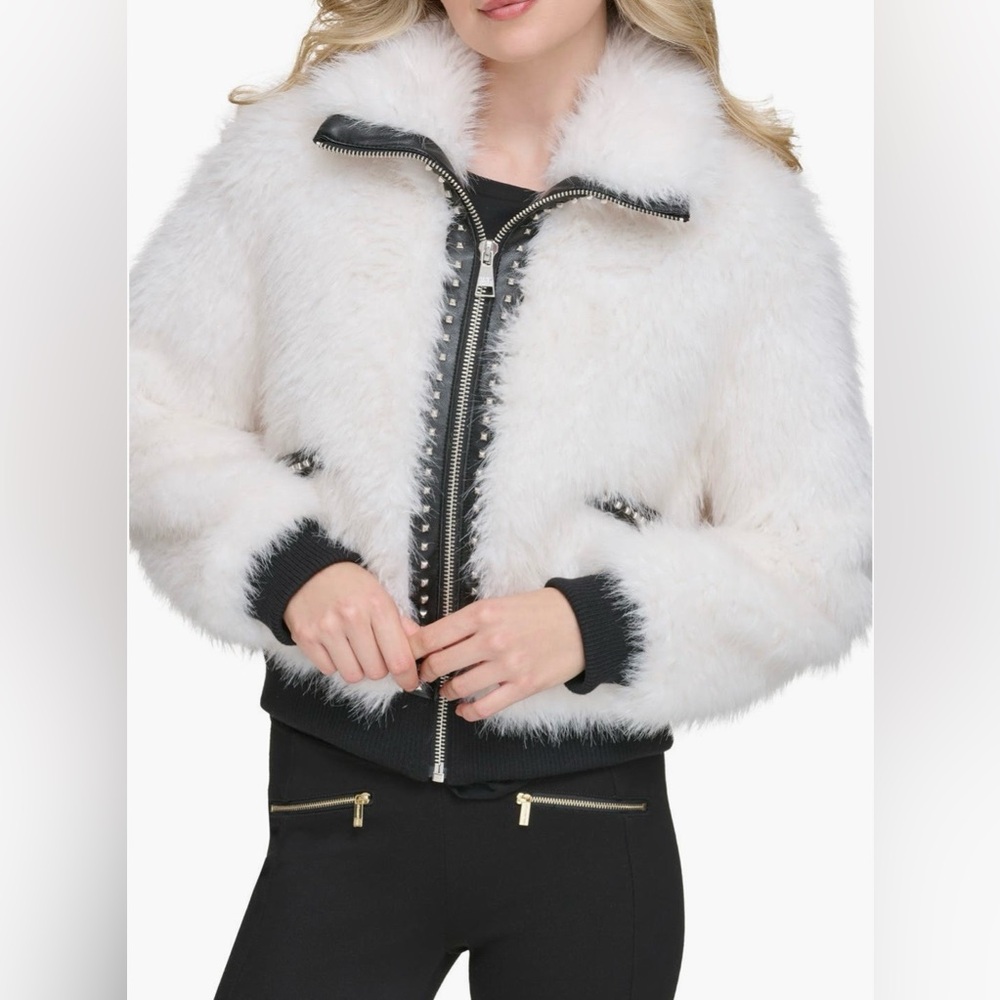 White Faux Fur Bomber Jacket with Studded Zip Front